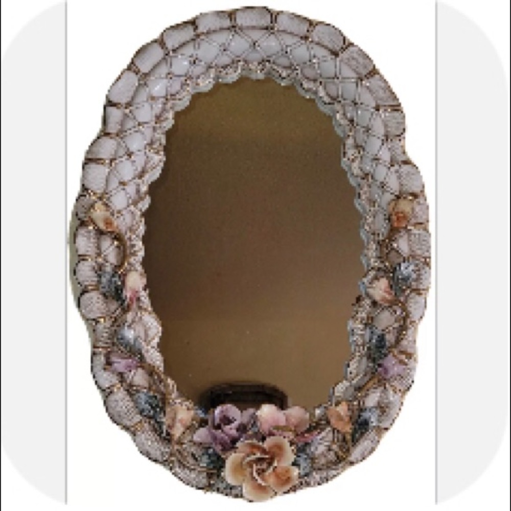 Vintage Capodimonte Italy Floral Hanging Wall Mirror             24”H x 17”W